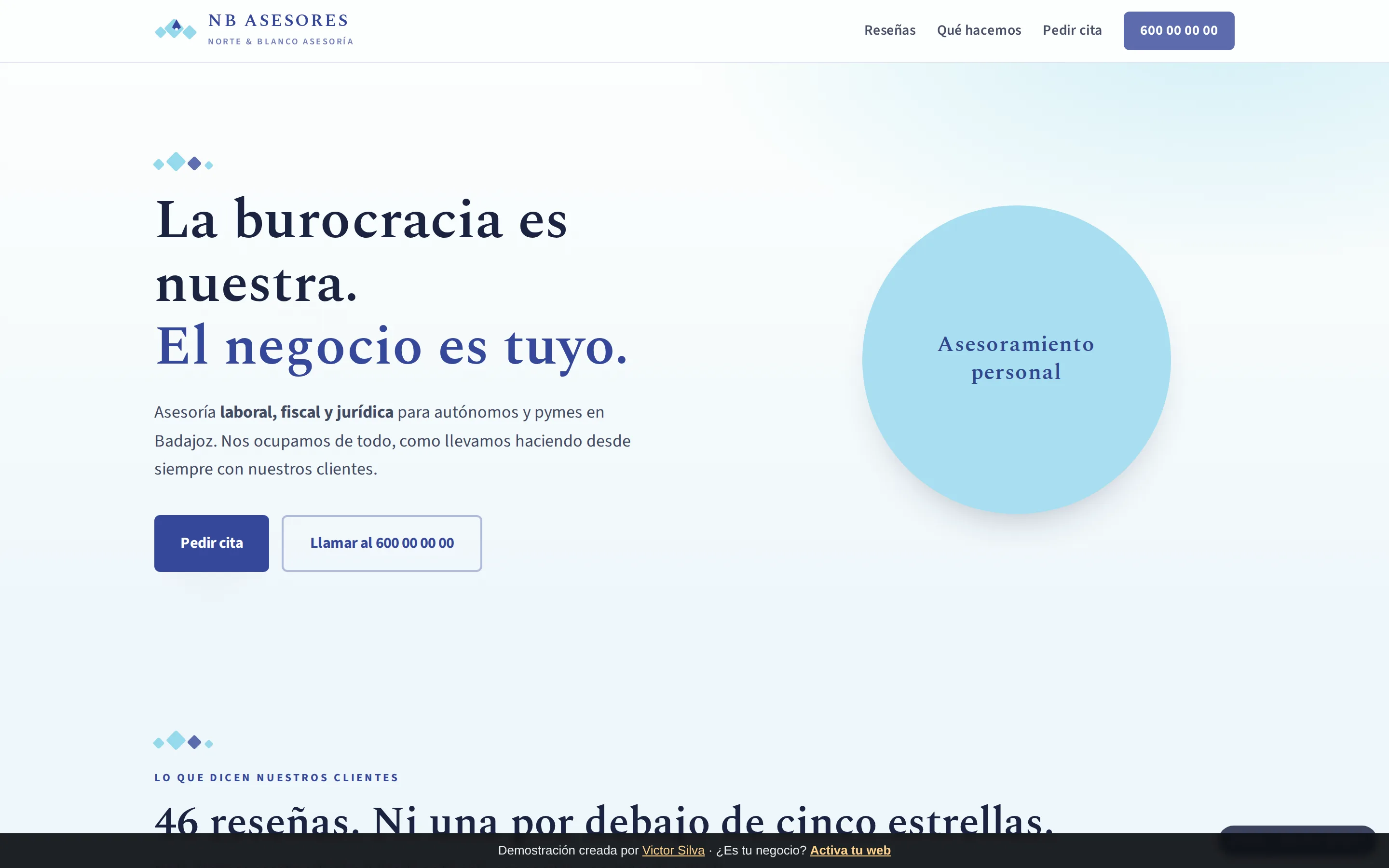 Advisory firm homepage with a call to contact